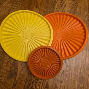 Vintage Tupperware Servalier Sunburst Lids Set of 3 5" Red 8" Yellow Orange